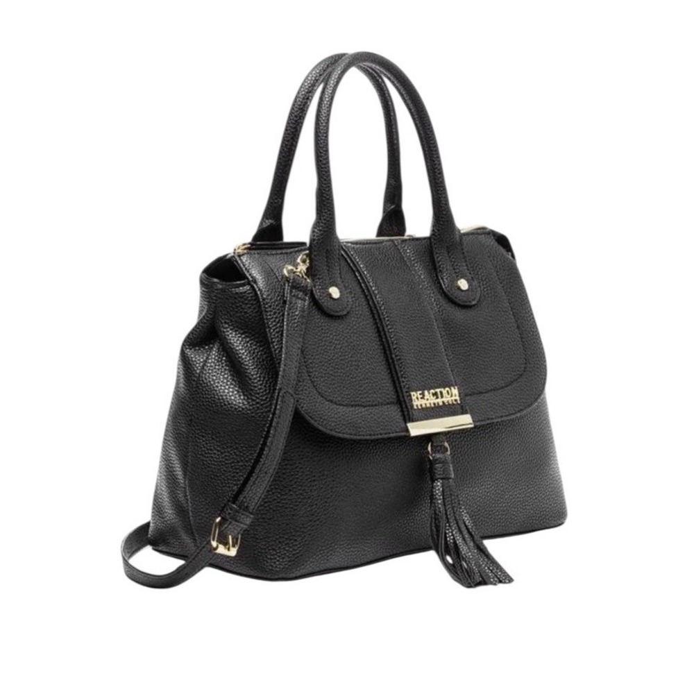 Kenneth Cole Reaction Black Flap Front Norway Satchel With Tassel Crossbody EUC